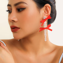 Load image into Gallery viewer, European and American Exaggerated Fabric Tassel Earrings Personalized Bow Ribbon Imitation Pearl Crystal Flowers Ear Studs Female Accessories