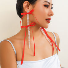 Load image into Gallery viewer, European and American Exaggerated Fabric Tassel Earrings Personalized Bow Ribbon Imitation Pearl Crystal Flowers Ear Studs Female Accessories