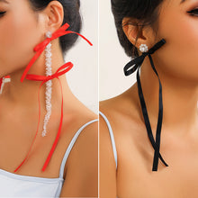 Load image into Gallery viewer, European and American Exaggerated Fabric Tassel Earrings Personalized Bow Ribbon Imitation Pearl Crystal Flowers Ear Studs Female Accessories