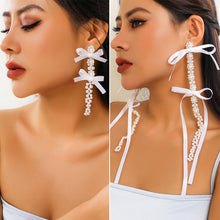 Load image into Gallery viewer, European and American Exaggerated Fabric Tassel Earrings Personalized Bow Ribbon Imitation Pearl Crystal Flowers Ear Studs Female Accessories