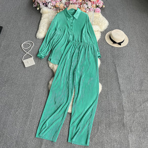 2023New European and American StyleinsFashionable Candy-Colored Loose Folding Shirt+Elastic Trousers Suit Weight540g