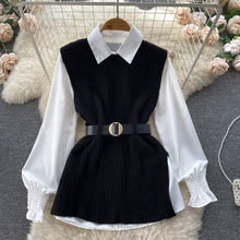 Load image into Gallery viewer, Light Luxury Socialite Suit Women&#39;s Loose Long Sleeve White Shirt Top+Slit Knitted Vest Jacket Two-Piece Set0.4kg