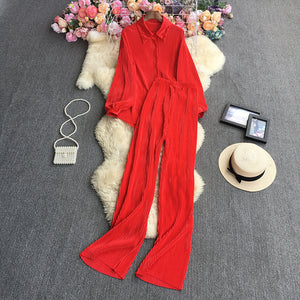 2023New European and American StyleinsFashionable Candy-Colored Loose Folding Shirt+Elastic Trousers Suit Weight540g