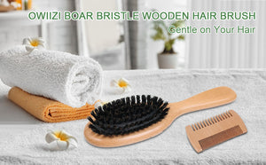 OWIIZI 100% Boar Bristle Hair Brush Set for Women & Mens Soft Natural Boar Bristle Wooden Detangler Brush and Comb Set for Long Curly Fine Hair
