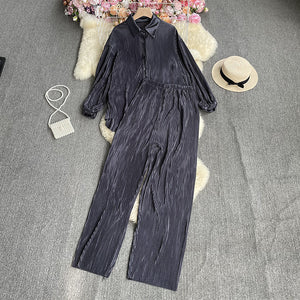 2023New European and American StyleinsFashionable Candy-Colored Loose Folding Shirt+Elastic Trousers Suit Weight540g