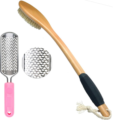 OWIIZI Back Scrubber Brush for Shower & Foot Scraper Callus Remover Set, Body Bath Brushes Long Handle Skin Exfoliator for Men Women Wet Dry Use, Foot Grater for Dead Skin Foot Scraper Pedicure Tools