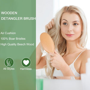OWIIZI 100% Boar Bristle Hair Brush Set for Women & Mens Soft Natural Boar Bristle Wooden Detangler Brush and Comb Set for Long Curly Fine Hair