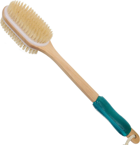 OWIIZI Back Scrubber for Shower with Soft and Stiff Boar Bristles Dual-Sided Wooden Long Handle Antiskid Body Bath Brush for Back Use Wet or Dry,Deep Cleanse Large Surface Back Scrub Brush