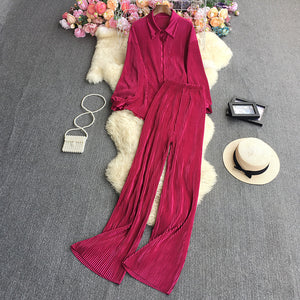 2023New European and American StyleinsFashionable Candy-Colored Loose Folding Shirt+Elastic Trousers Suit Weight540g