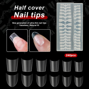 OWIIZI False Nails Tips Short Ultra-Thin Seamless Carving-Free Grinding Nail Stickers Fake Nails