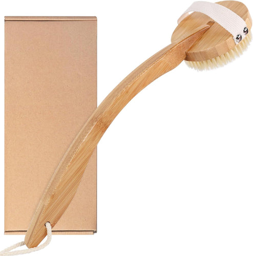 OWIIZI Dry Brushing Body Brush for Back, Detachable Round Head Bristle Large Area Body Brushes for Lymphatic Drainage, Bamboo Curved Long Handle Skin Exfoliator for Men Women Elders Dry Use