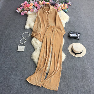 2023New European and American StyleinsFashionable Candy-Colored Loose Folding Shirt+Elastic Trousers Suit Weight540g