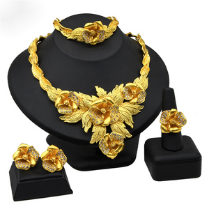 Dubai 24K Gold Accessories African Bridal Jewelry Set Saudi Women Necklace Bracelet Earrings Four-Piece Ring Set