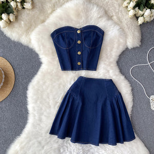 Sweet Cool Hot Girl Suit Skirt Women's Short Summer Denim Tube Top Top Two-Piece Set High WaistAWord Skirt