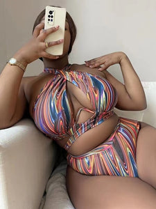 2023New Cross-Border Amazon European and American Sexy plus Size Printing Split High Waist Bikini Swimsuit Factory Wholesale