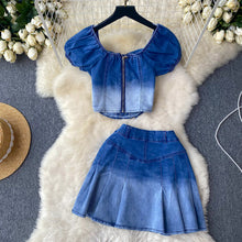 Load image into Gallery viewer, Gradient Color Denim Suit Women&#39;s Summer Retro Dignified Sense of Design Puff Sleeve Top Pleated Skirt Two-Piece Set