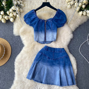 Gradient Color Denim Suit Women's Summer Retro Dignified Sense of Design Puff Sleeve Top Pleated Skirt Two-Piece Set