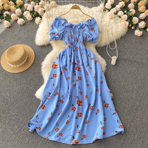 Fresh French Retro Fairy Slimming Floral Dress High Waist Drawstring Pleat and Waisted Figure Flattering Wide Hem Long Dress