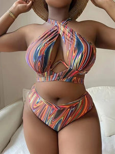 2023New Cross-Border Amazon European and American Sexy plus Size Printing Split High Waist Bikini Swimsuit Factory Wholesale