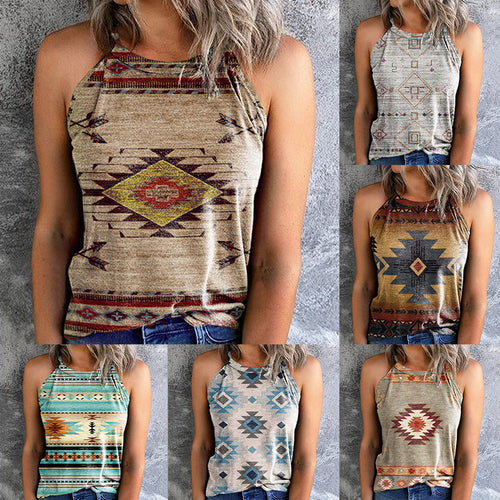 2023Summer AmazonebayCross-Border European and American New Women's Clothes Loose Retro Printed Halter Sleeveless Vest