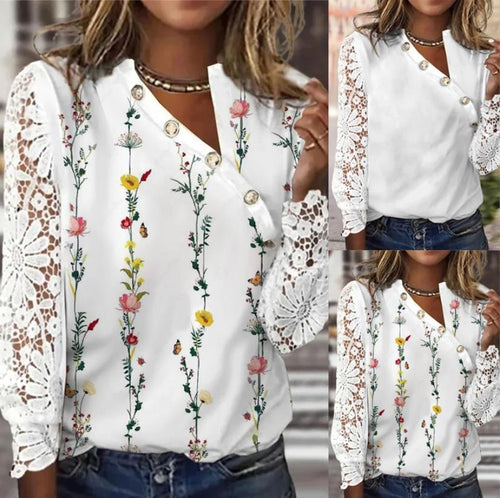 2023Cross-Border Amazon European and American Spring and Autumn New Women's Loose Comfort and Casual Button PrintedTT-shirt Top