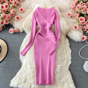 French Retro Sexy DeepVCollar Knitted Dress2021Autumn Waist Slimming Temperament Hepburn Midi Dress