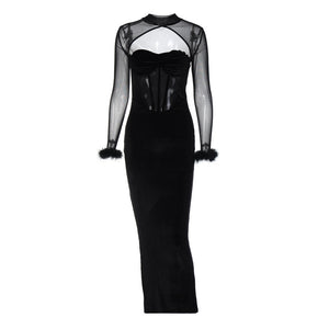 Europe and America2023Fall Women's Clothing New Plush Mesh Stitching Sexy Night Club Style Hollow-out Long Dress Slim Dress