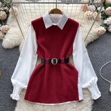 Load image into Gallery viewer, Light Luxury Socialite Suit Women&#39;s Loose Long Sleeve White Shirt Top+Slit Knitted Vest Jacket Two-Piece Set0.4kg