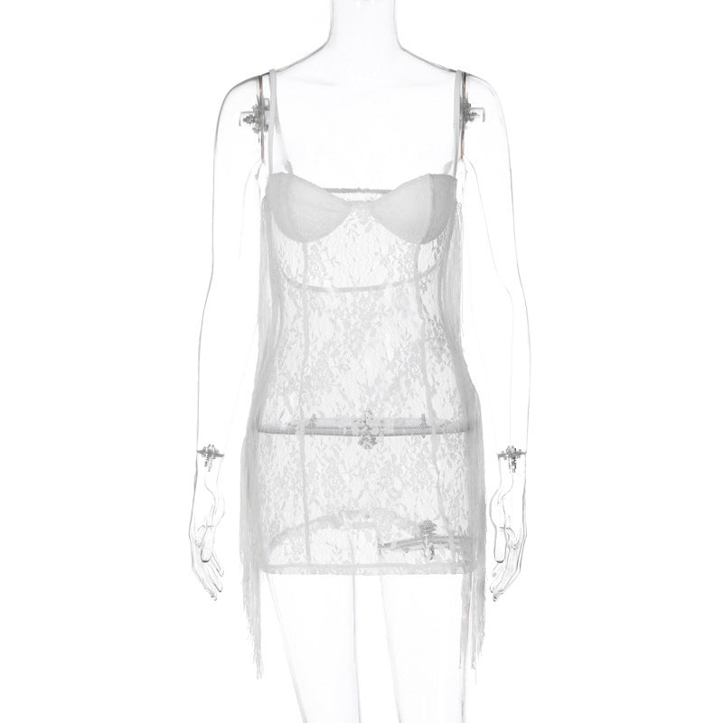 insWind Foreign Trade Women's Clothing2023Summer New Chest-Wrapped off-Neck Lace See-through Sexy Suspender Dress