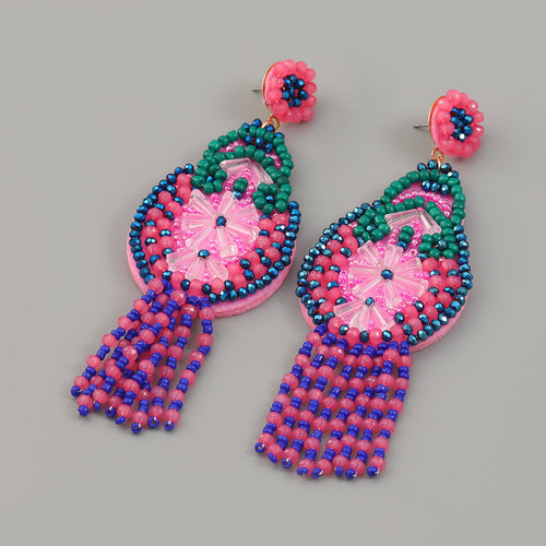 Cross-Border New Arrival Flower Earrings Exaggerated European and American Earrings Women Bead Tassel Retro Bohemian Ethnic Style Jewelry
