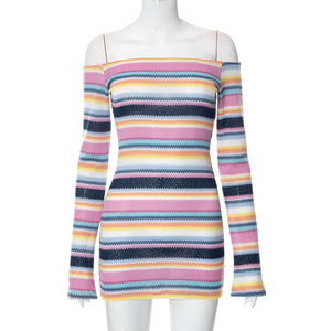 Q22DS386Amazon Explosion Models2022Autumn New Sexy Contrast Color Striped Long Sleeve Slim Slimming Dress