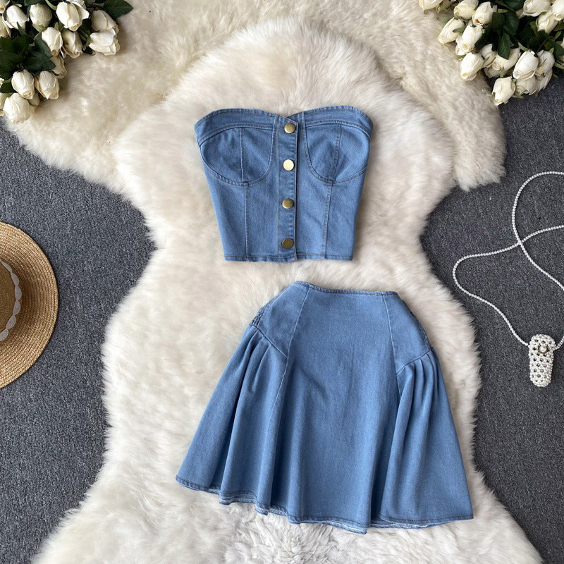 Sweet Cool Hot Girl Suit Skirt Women's Short Summer Denim Tube Top Top Two-Piece Set High WaistAWord Skirt