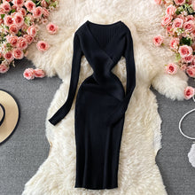 Load image into Gallery viewer, French Retro Sexy DeepVCollar Knitted Dress2021Autumn Waist Slimming Temperament Hepburn Midi Dress