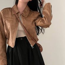 Load image into Gallery viewer, American Street Vintage Brown Motorcycle Leather Jacket Women Loose Short Zipper and LapelPUCoatinsTide