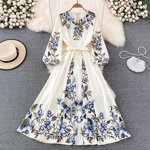 Spring and Autumn High-Grade round Neck Bubble Long Sleeve Waist Positioning PrintingaWord Dress Elegant Swing Long Dress