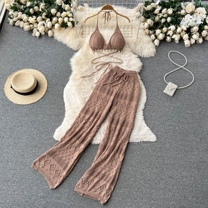 Straight Loose High Waist Slimming All-Match Mop Wide-Leg Trousers Lace-up Halterneck Short Top Two-Piece Hot Girl Suit