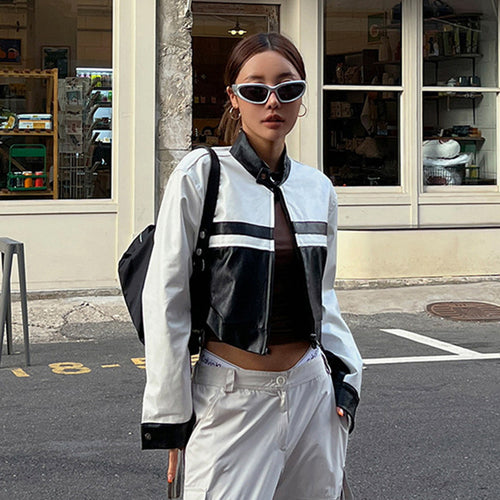 American Street Locomotive Style Color Matching Zipper Turtleneck Leather Coat Women's Straight Slimming and Short CardiganPUJacket