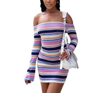 Q22DS386Amazon Explosion Models2022Autumn New Sexy Contrast Color Striped Long Sleeve Slim Slimming Dress