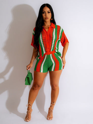 Amazon Hot Sale European and American Women's Clothing Sexy Women's Hollow out See-through Contrast Color Lapels Knitted Shorts Suit