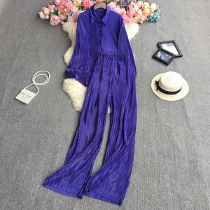 2023New European and American StyleinsFashionable Candy-Colored Loose Folding Shirt+Elastic Trousers Suit Weight540g