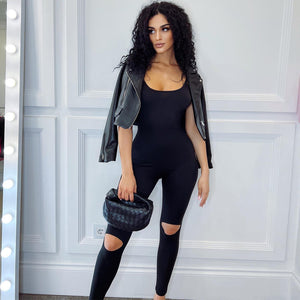 European And American-Style2023Summer Women's Amazon New Fashion Hollowed-out Sling Backless Tight Sports Jumpsuit Wholesale