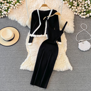 FashionvCollar Long Sleeve Knitted Top Shawl Cardigan Two-Piece Suit Mid-Length Tight Elastic Hip Dress