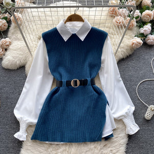 Light Luxury Socialite Suit Women's Loose Long Sleeve White Shirt Top+Slit Knitted Vest Jacket Two-Piece Set0.4kg