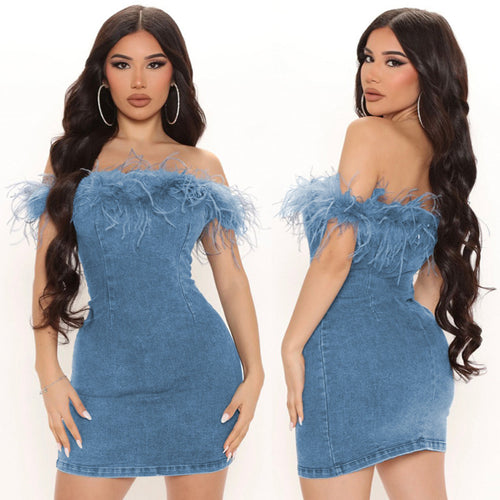 WY23099off-Shoulder Burr Sheath Denim DressinsEuropean and American Style New Hot Girl Large Size Skirt Women