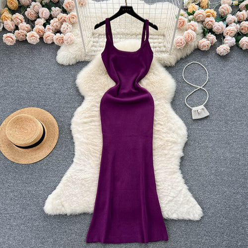 Light Luxury High-Grade Spaghetti Straps Knitted Dress for Women Summer Minimalist Solid Color Slim Fit Niche Chic Gold Temperament Dress