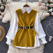 Load image into Gallery viewer, Light Luxury Socialite Suit Women&#39;s Loose Long Sleeve White Shirt Top+Slit Knitted Vest Jacket Two-Piece Set0.4kg