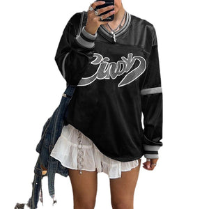 American Street Style Hip Hop Letter Graffiti Contrast Color Sweatshirt Women's Loose GlossVCollarbfFashionable Pullover Top