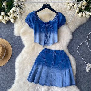 Gradient Color Denim Suit Women's Summer Retro Dignified Sense of Design Puff Sleeve Top Pleated Skirt Two-Piece Set