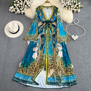 High-End Retro Temperament Horn Long SleeveVCollar Waist Slimming Single BreastedaWord Print Dress Elegant Dress