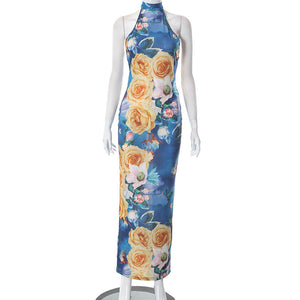 L23DS103European and American Women's Summer New Casual Printed Sleeveless Slim Backless Mesh Halter Long Dress